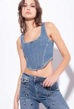 Pinko haut bustier en jean B244D386 haut | lavage moyen foncé