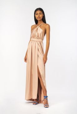 Pinko robe longue en satin avec fente B244D50 robes longues | camée rose